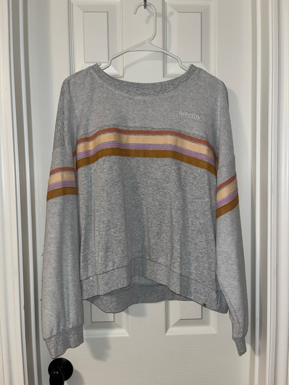 Rip Curl Gray Crewneck Sweatshirt with Mustard and Pink Stripes